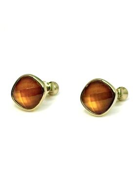 Vintage Gold Amber Faceted Cushion Cut Screw Back Clip On Earrings Faux Citrine